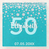 Verjaardag turquoise groene glitters naam diamante glazen onderzetter (Voorkant)