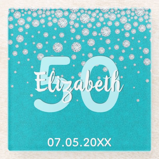 Verjaardag turquoise groene glitters naam diamante glazen onderzetter (Voorkant)