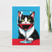 Verjaardag Tuxedo Kat Kijkend door een wijnglas Kaart (Voorkant)