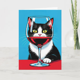 Verjaardag Tuxedo Kat Kijkend door een wijnglas Kaart