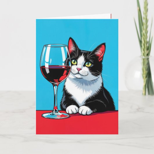 Verjaardag Tuxedo kat met rode wijn Kaart (Voorkant)