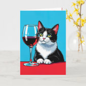 Verjaardag Tuxedo kat met rode wijn Kaart (Gele Bloem)