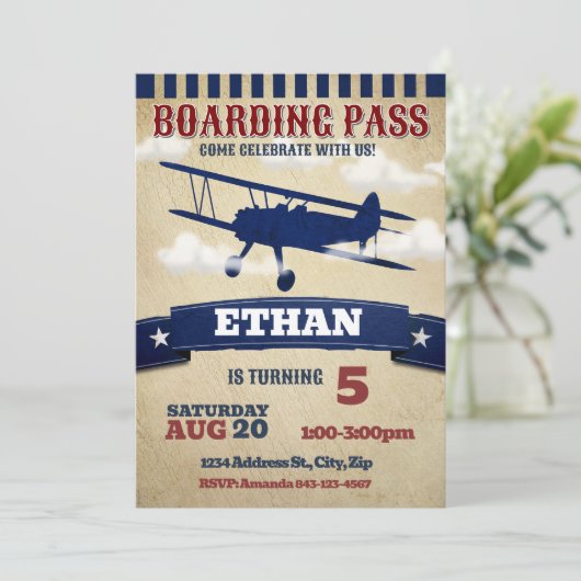 Verjaardag tweedekker vliegtuig nodigt  vliegtuig  kaart (Staand voorkant)