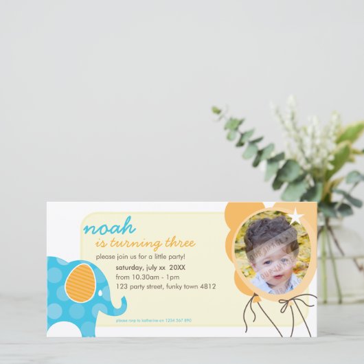 VERJAARDAG UITNODIGEN FOTOKAART :: olifant + ballo (Staand voorkant)