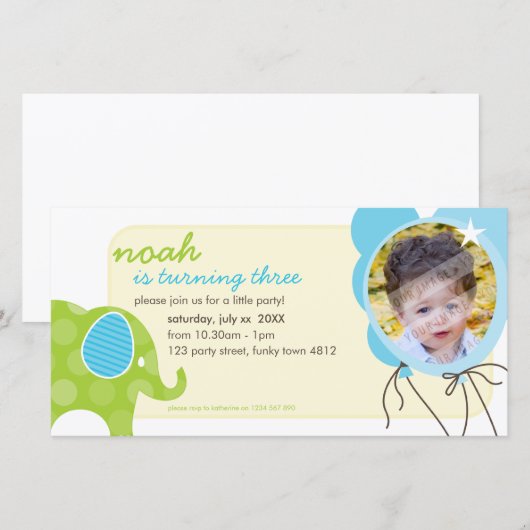 VERJAARDAG UITNODIGEN FOTOKAART :: olifant + ballo (Voorkant / Achterkant)
