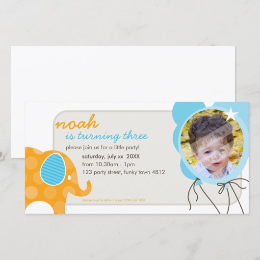 VERJAARDAG UITNODIGEN FOTOKAART :: olifant + ballo (Voorkant / Achterkant)