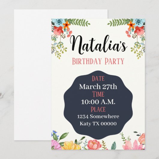 Verjaardag Uitnodiging, Bloemen, Feest, Douche, Br Kaart (Voorkant / Achterkant)