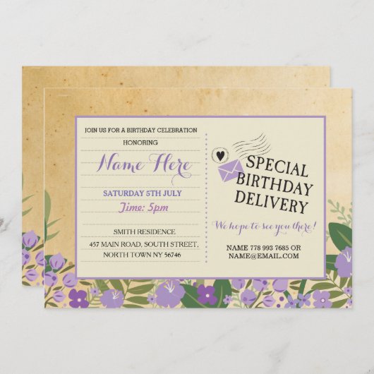 Verjaardag uitnodiging Briefkaart Paarse Lila Uitn (Voorkant / Achterkant)