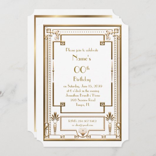 Verjaardag uitnodiging, grote Gatsby, goud, wit Kaart (Voorkant / Achterkant)
