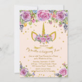 Verjaardag uitnodiging meisje, eenhoorn, bloemen,  (Voorkant)