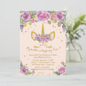 Verjaardag uitnodiging meisje, eenhoorn, bloemen,  (Staand voorkant)