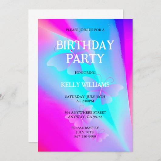 Verjaardag Uitnodiging met Vlinders (Voorkant / Achterkant)