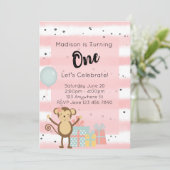 Verjaardag Uitnodiging - Roze 1e Verjaardag (Staand voorkant)