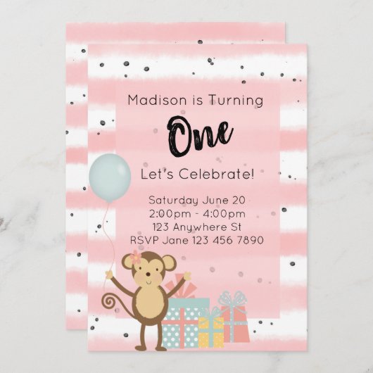 Verjaardag Uitnodiging - Roze 1e Verjaardag (Voorkant / Achterkant)