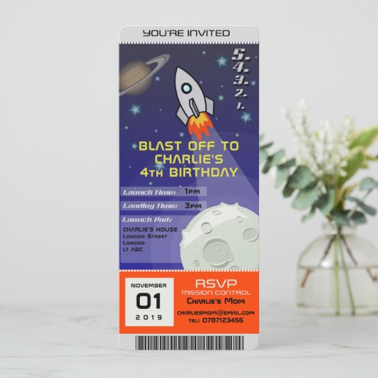Verjaardag Uitnodiging Space Rocket Theme (Staand voorkant)