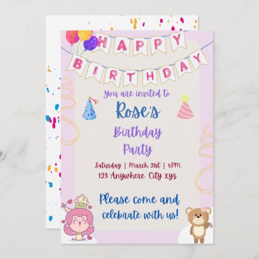 Verjaardag Uitnodiging voor kinderen (Voorkant / Achterkant)