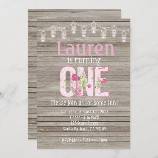 Verjaardag Uitnodiging voor Meisje, Shabby Chic, R (Voorkant / Achterkant)