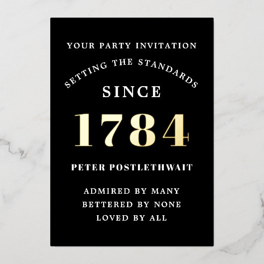 Verjaardag uitnodiging zwart goud elk jaar voor he (Voorkant)