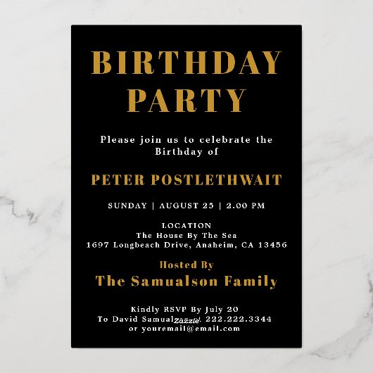 Verjaardag uitnodiging zwart goud elk jaar voor he (Achterkant)