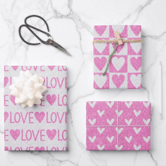 Verjaardag Valentijnsdag Roze Witte Glitter Harten Inpakpapier Vel (Voorkant)