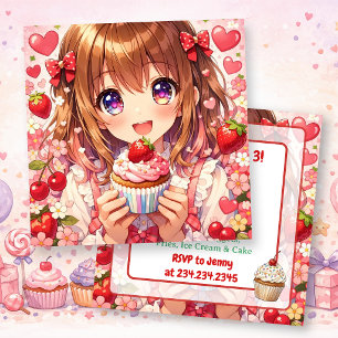 Verjaardag van Anime Meisje Aardbeien en Cupcake Kaart