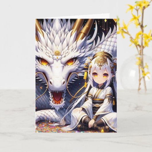 Verjaardag van Anime Warrior en Dragon Girl Kaart (Gele Bloem)