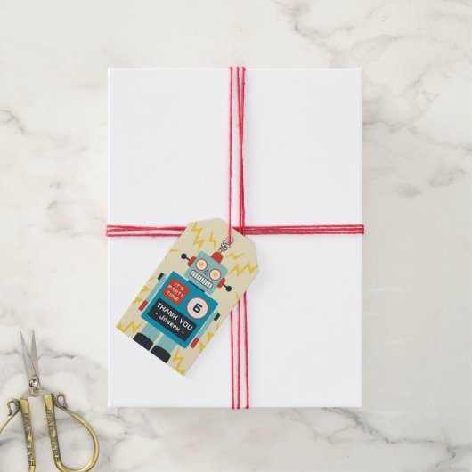 Verjaardag van antieke speelgoedrobot cadeaulabel (Met Touw)