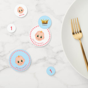 Verjaardag van baby jongen op blauw en wit confetti