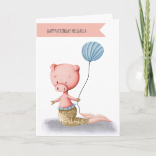 Verjaardag van Cute Pig Mermaid met Ballon Kaart