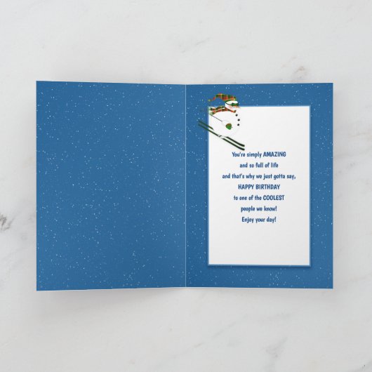 Verjaardag, van de bende, Happy Snowman Skiing Kaart (Binnen)