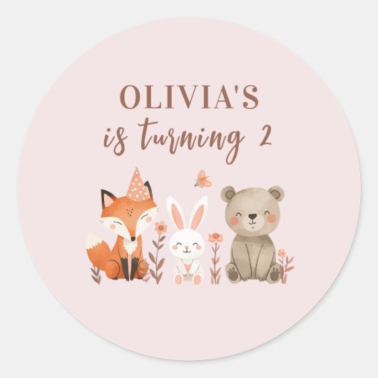 Verjaardag van de bosdieren | Rustic Pink Party Ronde Sticker (Voorkant)