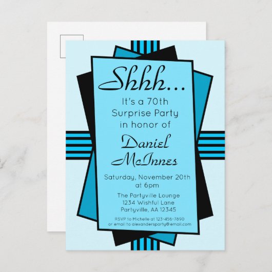 Verjaardag van de Bright Blue Art Deco 70th Surpri Uitnodiging Briefkaart (Voorkant / Achterkant)