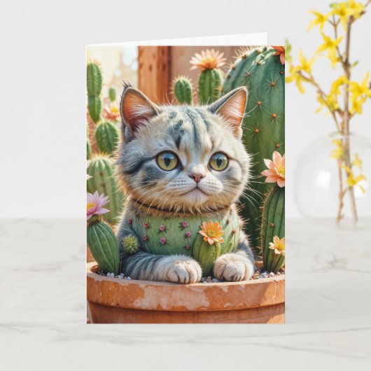 Verjaardag van de Cactus en Tabby Cat Kaart (Gele Bloem)