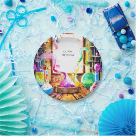 Verjaardag van de chemiewetenschapper van betoverd papieren bordje