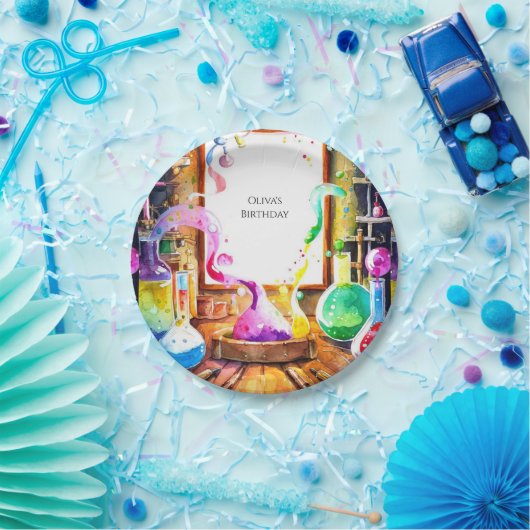 Verjaardag van de chemiewetenschapper van betoverd papieren bordje (Feest)