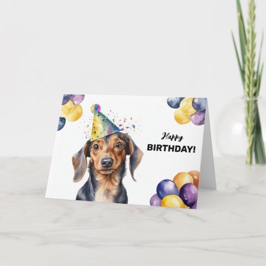 Verjaardag van de Dachshund-hond met ballonnen en Kaart (Voorkant)