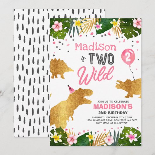 Verjaardag van de dinosaurus nodigt twee wilde din kaart (Voorkant / Achterkant)