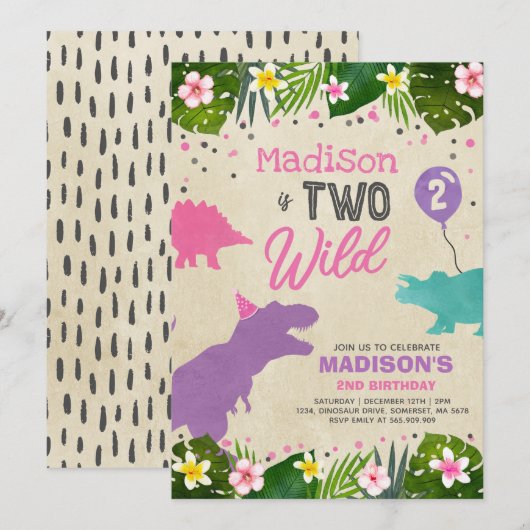 Verjaardag van de dinosaurus nodigt twee wilde din kaart (Voorkant / Achterkant)