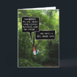 Verjaardag van de dochter, humoristische kabouter  kaart<br><div class="desc">Deze grappige verjaardagskaart voor je dochter is voorzien van een cartoon geïllustreerde kabouter met een witte,  bossige baard en puntig,  rood pet,  achter een struik op een foto van een bos - sprekende complimenten in een paar spraakbellen met een leuk,  met de hand getekend lettertype.</div>