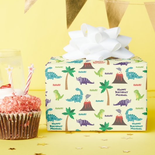 Verjaardag van de Douanenaam Cute Dinosaurs Kind Cadeaupapier (Verjaardagsfeest)