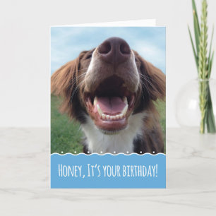 Verjaardag van de man, gelukkige hond met grote gl kaart