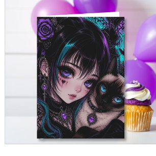 Verjaardag van de nicht Anime meisje & kat Kaart