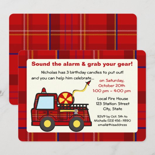 Verjaardag van de Plaid Fire Truck Kaart (Voorkant / Achterkant)