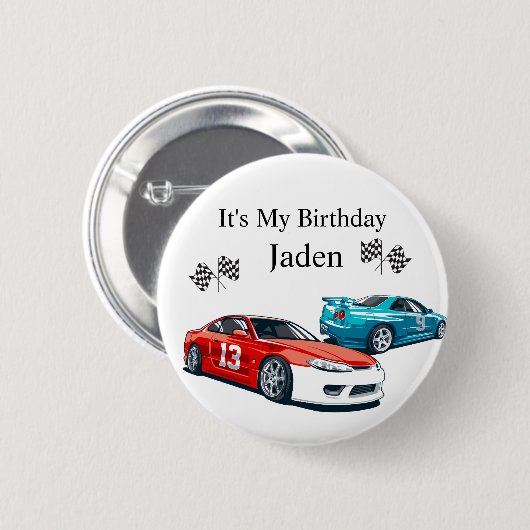 Verjaardag van de raceauto, ronde button 5,7 cm (Voorkant /achterkant)