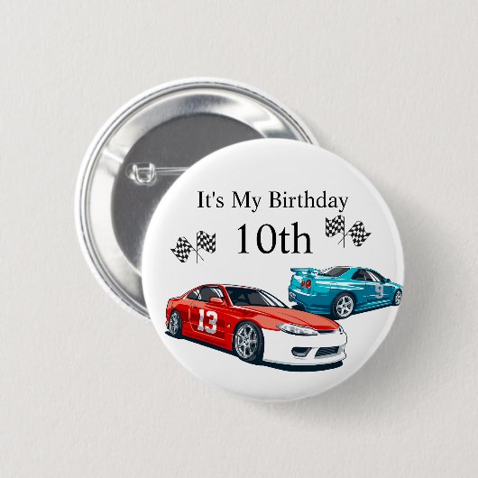 Verjaardag van de raceauto, ronde button 5,7 cm (Voorkant /achterkant)