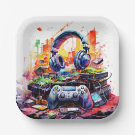 Verjaardag van de Video Controller en hoofdtelefoo Papieren Bordje