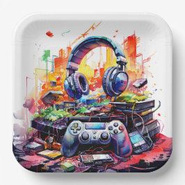 Verjaardag van de Video Controller en hoofdtelefoo Papieren Bordje