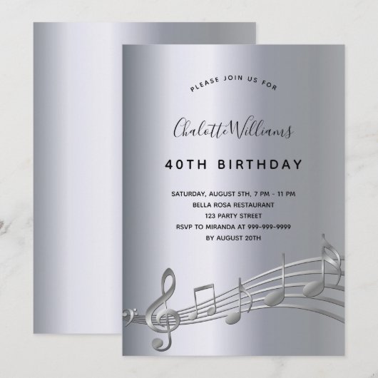 Verjaardag van de zilveren muzieknoten kaart (Voorkant / Achterkant)