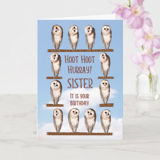 Verjaardag van de zuster, nieuwsgierige uilen kaart (Orchidee)
