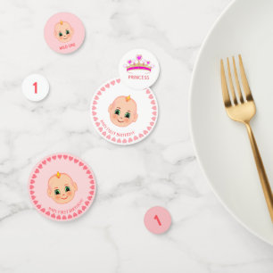 Verjaardag van een babymeisje op roze en wit confetti